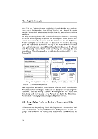 Grundlagen & Konzepte



über 75% des Gesamtumsatzes vermischten sich die Effekte verschiedener
Aktivitäten (insbesondere Beschaffung/Vertrieb und Shared Services).
Dadurch wurde eine Abweichungsanalyse auf Basis der Planwerte deutlich
erschwert.
Im Zuge der Neugestaltung der Planung erfolgte eine primäre Ausrichtung
nach den Wertschöpfungsaktivitäten. Im Vordergrund stehen nun die ein-
zelnen Funktionen. Dazu wurde insb. die Stammhaus-AG mit Hilfe eines
Center-Konzeptes in verschiedene Teil-Einheiten zerschnitten. Zukünftig
plant der Vertrieb im Stammhaus analog zu den Vertriebs-Gesellschaften
sein Vertriebsergebnis, während Stammhaus-Service-Einheiten ihre Kosten
und Auslastung planen. Damit bildet die Planung die Grundlage für eine
unterjährige Abweichungsanalyse gemäß dem Geschäftsmodell (vgl. Ab-
bildung 11).


                            Stammhaus AG                    Konzernsteuerung
                                                                                                  Shared Services
     Abrechnungsgesellschaft XY                 100%
                                                        n   AG: Strategie
                                                                                             n   AG: Einkauf
                                                        n   AG: Konzerncontrolling
                                                                                             n   AG: Finanzbuchhaltung
     Direktvertriebs-GmbH                       100%    n   .AG: ..
                                                                                             n   AG: ...
     Messtechnik und Anlagen (MA) GmbH          100%


     Wärme-Service (WS) GmbH                    100%
                                                        Vertrieb &                                         Dienst-
                                                                                   Netz
                                                        Beschaffung                                        leistungen
     Netzgesellschaft                           100%

                                                        n   AG: Center         n   Netzgesell-        n     Abrechnungs-
     Region Südost GmbH                         75 %        Beschaffung            schaft                   gesellschaft XY
                                                        n   Vertrieb Berlin                           n     MA GmbH
     Energieagentur-GmbH                         25%
                                                        n   Direktvertriebs-                          n     WS GmbH
                                                            GmbH
     Energiedienstleistungs-GmbH                 25%
                                                        n   Reg. SO GmbH

       Bisherige Sichtweise für Planung und Steuerung   Zukünftige Sichtweise für Planung und Steuerung


Abbildung 11: Geschäftsmodell-Übersicht

Der dargestellte Ansatz lässt sich natürlich auch auf andere Branchen und
Geschäftsmodelle übertragen. So finden sich beispielsweise in der produ-
zierenden Industrie häufig (kleinere) Konzerngebilde, wo Produktion,
Forschung und Entwicklung sowie Vertrieb als Teile der Stammhaus-
Gesellschaft vermengt gemäß der Legalsicht geplant werden.


5.2       Outputfokus forcieren: Best practice aus dem Mittel-
          stand
Startimplus der Budgetierung sollte der Output eines Unternehmens oder
der verschiedenen Leistungseinheiten sein. Richtigerweise ist der Aus-
gangs- und Startpunkt der Planung und Budgetierung der Markt und die



20
 