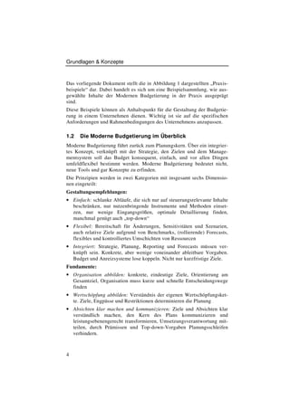 Grundlagen & Konzepte



Das vorliegende Dokument stellt die in Abbildung 1 dargestellten „Praxis-
beispiele“ dar. Dabei handelt es sich um eine Beispielsammlung, wie aus-
gewählte Inhalte der Modernen Budgetierung in der Praxis ausgeprägt
sind.
Diese Beispiele können als Anhaltspunkt für die Gestaltung der Budgetie-
rung in einem Unternehmen dienen. Wichtig ist sie auf die spezifischen
Anforderungen und Rahmenbedingungen des Unternehmens anzupassen.

1.2   Die Moderne Budgetierung im Überblick
Moderne Budgetierung führt zurück zum Planungskern. Über ein integrier-
tes Konzept, verknüpft mit der Strategie, den Zielen und dem Manage-
mentsystem soll das Budget konsequent, einfach, und vor allen Dingen
umfeldflexibel bestimmt werden. Moderne Budgetierung bedeutet nicht,
neue Tools und gar Konzepte zu erfinden.
Die Prinzipien werden in zwei Kategorien mit insgesamt sechs Dimensio-
nen eingeteilt:
Gestaltungsempfehlungen:
• Einfach: schlanke Abläufe, die sich nur auf steuerungsrelevante Inhalte
  beschränken, nur nutzenbringende Instrumente und Methoden einset-
  zen, nur wenige Eingangsgrößen, optimale Detaillierung finden,
  manchmal genügt auch „top-down“
• Flexibel: Bereitschaft für Änderungen, Sensitivitäten und Szenarien,
  auch relative Ziele aufgrund von Benchmarks, (rollierende) Forecasts,
  flexibles und kontrolliertes Umschichten von Ressourcen
• Integriert: Strategie, Planung, Reporting und Forecasts müssen ver-
  knüpft sein. Konkrete, aber wenige voneinander ableitbare Vorgaben.
  Budget und Anreizsysteme lose koppeln. Nicht nur kurzfristige Ziele.
Fundamente:
• Organisation abbilden: konkrete, eindeutige Ziele, Orientierung am
  Gesamtziel, Organisation muss kurze und schnelle Entscheidungswege
  finden
• Wertschöpfung abbilden: Verständnis der eigenen Wertschöpfungsket-
  te. Ziele, Engpässe und Restriktionen determinieren die Planung
• Absichten klar machen und kommunizieren: Ziele und Absichten klar
  verständlich machen, den Kern des Plans kommunizieren und
  leistungsebenengerecht transformieren, Umsetzungsverantwortung mit-
  teilen, durch Prämissen und Top-down-Vorgaben Planungsschleifen
  verhindern.



4
 