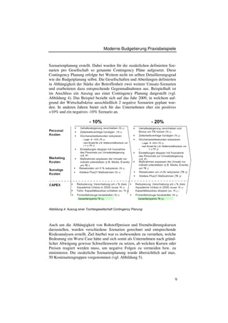 Moderne Budgetierung Praxisbeispiele


Szenarienplanung erstellt. Dabei wurden für die zusätzlichen definierten Sze-
narien pro Gesellschaft so genannte Contingency Pläne aufgesetzt. Diese
Contingency Planung erfolgte bei Weitem nicht im selben Detaillierungsgrad
wie die Budgetplanung selbst. Die Gesellschaften und Abteilungen definierten
in Abhängigkeit der Stärke der Betroffenheit zwei weitere Umsatz-Szenarien
und erarbeiteten dazu entsprechende Gegenmaßnahmen aus. Beispielhaft ist
im Anschluss ein Auszug aus einer Contingency Planung dargestellt (vgl.
Abbildung 4). Das Beispiel bezieht sich auf das Jahr 2009, in welchem auf-
grund der Wirtschaftskrise ausschließlich 2 negative Szenarien geplant wur-
den. In anderen Jahren bietet sich für das Unternehmen eher ein positives
+10% und ein negatives -10% Szenario an.




Abbildung 4: Auszug einer Tochtergesellschaft Contingency Planung




Auch um die Abhängigkeit von Rohstoffpreisen und Fremdwährungskursen
darzustellen, wurden verschiedene Szenarien gerechnet und entsprechende
Risikoanalysen erstellt. Ziel hierbei war es insbesondere zu verstehen, welche
Bedeutung ein Worst Case hätte und sich somit als Unternehmen nach gründ-
licher Abwägung gewisse Schwellenwerte zu setzen, ab welchen Kursen oder
Preisen reagiert werden muss, um negative Folgen zu vermeiden bzw. zu
minimieren. Die zusätzliche Szenarienplanung wurde übersichtlich auf max.
50 Kostenartengruppen vorgenommen (vgl. Abbildung 5).




                                                                             9
 