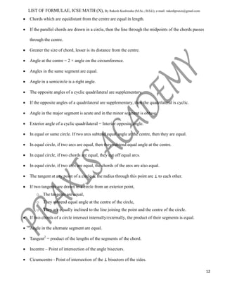 ICSE Mathematics Formulae Sheet | PDF