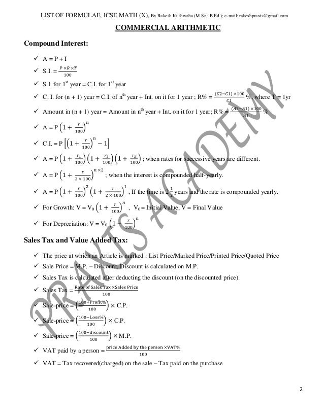 Mathematics Formula Chart 10th Grade
