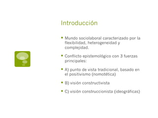 Introducción
§  Mundo sociolaboral caracterizado por la
flexibilidad, heterogeneidad y
complejidad.
§  Conflicto epistemológico con 3 fuerzas
principales:
§  A) punto de vista tradicional, basado en
el positivismo (nomotética)
§  B) visión constructivista
§  C) visión construccionista (ideográficas)
 