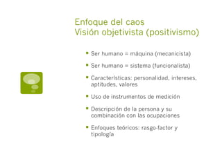 Enfoque del caos
Visión objetivista (positivismo)
§  Ser humano = máquina (mecanicista)
§  Ser humano = sistema (funcionalista)
§  Características: personalidad, intereses,
aptitudes, valores
§  Uso de instrumentos de medición
§  Descripción de la persona y su
combinación con las ocupaciones
§  Enfoques teóricos: rasgo-factor y
tipología
 