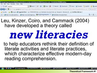 Leu, Kinzer, Coiro, and Cammack (2004) have developed a theory called to help educators rethink their definition of literate activities and literate practices, which characterize effective modern-day reading comprehension.  new literacies Theoretical Framework #1 