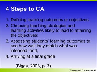 4 Steps to CA Defining learning outcomes or objectives;  Choosing teaching strategies and learning activities likely to lead to attaining the objectives;  Assessing students’ learning outcomes to see how well they match what was intended; and,  Arriving at a final grade  (Biggs, 2003, p. 3).  Theoretical Framework #2 