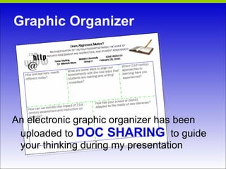 Graphic Organizer An electronic graphic organizer has been uploaded to  DOC SHARING   to guide your thinking during my presentation 