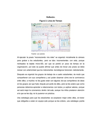 Reflexión.
Al ejecutar la praxis “reconociendo mis roles” se organizó inicialmente la cámara
para grabar a los estudiantes, pero se tubo inconvenientes con esta, porque
rechazaba la tarjeta micro-SD, así que se perdió un poco de tiempo en la
organización, por esto se puede afirmar que antes de iniciar una praxis se debe
revisar con anterioridad que los instrumentos tecnológicos funcionen debidamente.
Después se organizó los grupos de trabajo de a cuatro estudiantes; de modo que
compartieran con sus compañeros y así poder observar cómo era la convivencia
entre ellos; a muchos no les gusto estar con algunos de sus compañeros de clase
en los grupos así que hubo disputa por parte de ellos, pero se les aclaro que como
personas debemos aprender a relacionarnos con todos y a aplicar valores, porque
así será mejor la convivencia dentro del aula, aunque los niños prestaron atención
a lo que se les dijo, no lo pusieron en práctica.
Una estrategia para que los estudiantes se aceptaran mejor entre ellos, sin tener
que obligarlos a estar en equipo solo porque se les ordeno, una estrategia podría
Fuente: Los autores
Figura 2. Línea de Tiempo
 