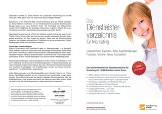 marketing-boerse.de
DAS DIENSTLEISTERVERZEICHNIS
INFO-TELEFON +49 7254 / 95773-0
Das reichweitenstärkste Spezialverzeichnis für
Marketing mit 15.000 Anbietern bietet Ihnen:
• pﬁfﬁge Marketing-Proﬁs für Ihr Kommunikationskonzept
• kompetente Anbieter aus allen Branchen von Außenwerbung
über Suchmaschinen-Optimierung bis Zielgruppenanalyse
• interessante Jobangebote und Projektausschreibungen
• wertvolle Fachartikel und Pressemeldungen
• alle Marketing-Termine des Tages – iPhone-App MB-Termine
• wichtige Branchentreffs – auch mobil
• nützliche Marketing-Tipps und -Tricks
• spannende Webinare für Ihr Marketing-Wissen
marketing-boerse.de
Das
Dienstleister-
verzeichnis
für Marketing
Unternehmen. Experten. Jobs.Ausschreibungen.
Produkte.Termine. News. Fachartikel.
Jetzt
eintragen!
8
Datenbank ermittelt zu jedem Namen den passenden Namenstag und erzählt
dann per E-Mail gleich noch die Geschichte des jeweiligen Heiligen.
Irgendwann ist ein Relaunch fällig. Jochen Schweizer ging das Thema behutsam
an. Elmar Büttner beschreibt, wie der Erlebnisanbieter zunächst das klassische
Design gegen zwei neue Entwürfe testet. Mit Heatmaps und Klickanalysen
werden in der Testphase die Templates miteinander verglichen. Durch die neuen
Templates konnte eine zweistellige Umsatzsteigerung erzielt werden.
Geschickte Segmentierung erhöht die Verkäufe sowohl online wie auch in den
Filialen. Marko Gross erklärt, wie Unternehmen aus der Luxusgüter-Branche Daten
gezielt auswerten, um den Umsatz zu steigern. Dazu wird der Zusammenhang
zwischen den Inhalten wöchentlicher E-Mailings und den anschließenden Online-
Bestellungen sowie Instore-Käufen analysiert.
Online den Umsatz steigern
Durch E-Commerce vom Zwei-Mann-Laden zu Millionenumsatz – ja das geht.
Philip Valentin erzählt die Geschichte des ehemaligen Fußballprofis Stefan Fleck
und seines Onlineshops. Was mit einem kleinen Ladengeschäft und ersten eBay-
Versuchen begann, ist heute professioneller E-Commerce. Der Onlineshop bedient
automatisch diverse Online-Marktplätze und steuert mehrere Marketingkanäle.
Passende Empfehlungen sind der Schlüssel zu mehr Umsatz im Onlineshop. Timo
von Focht zeigt, wie Euronics ein Empfehlungssystem für Elektronikprodukte auf
seiner Webseite implementiert. Diese dient als informatives Produktschaufenster
und nützlicher Kaufratgeber. Die Empfehlungen werden auf Basis besucher-
spezifischer Produktaffinitäten ausgesteuert.
Hohe Retourenquoten und Zahlungsausfälle sind kritische Faktoren im Online-
handel. Nico Müller erläutert, wie der Onlineshop der Schuhmarke Tamaris damit
umgeht. Durch Einführung des bei Käufern beliebten Rechnungskaufs stieg die
Warenkorbhöhe. Zwar gingen damit auch die Retouren nach oben; jedoch führte
die Einführung des Rechnungskaufs zu einem deutlichen Umsatzplus.
Absolit berät Unternehmen bei der Integration von E-Mail
und Social Media in den Marketing-Mix. In eintägigen
Inhouse-Workshops werden individuelle Strategien erarbeitet
und umsetzbare Maßnahmen abgeleitet. Daneben führt Absolit
auch offene Seminare durch. Regelmäßige Studien und Umfragen
von Absolit durchleuchten den Onlinemarkt. Von allen Studien gibt
es eine kostenfreie Kurzversion: x.absolit.de/Studien.
Absolit Consulting
Dr. Torsten Schwarz
Melanchthonstr. 5, 68753 Waghäusel
Tel. +49 7254 957 730
schwarz@absolit.de
www.absolit.de
 