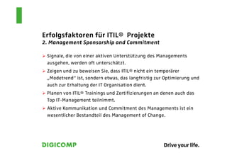 Erfolgsfaktoren für ITIL® Projekte
2. Management Sponsorship and Commitment

 Signale, die von einer aktiven Unterstützung des Managements
 ausgehen, werden oft unterschätzt.
 Zeigen und zu beweisen Sie, dass ITIL® nicht ein temporärer
 „Modetrend“ ist, sondern etwas, das langfristig zur Optimierung und
 auch zur Erhaltung der IT Organisation dient.
 Planen von ITIL® Trainings und Zertifizierungen an denen auch das
 Top IT-Management teilnimmt.
 Aktive Kommunikation und Commitment des Managements ist ein
 wesentlicher Bestandteil des Management of Change.
 