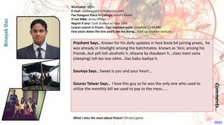 Prashant Says.. Known for his daily updates in face book b4 joining praxis, he
was already in limelight among the batchmates. known as 'bini; among his
friends..but yeh toh alcoholic h..khaane ka shaukeen h...class mein sona
(sleeping) toh koi isse sikhe...Das babu badiya h.
Soumya Says.. Sweet is you and your heart...
Gaurav Talwar Says.. I love this guy as he was the only one who used to
utilize the monthly bill we used to pay to the mess.....
Comments..
Nickname: Binni
E-mail: dasbinayak41190@gmail.com
Fav Hangout Place In College: Asish's Room
If not MBA: Army Officer
Regret if any! Took Science at class 10th
Lesson Learnt in Praxis : Last moment work. Deadline 11:59 PM
Few years down the line you’ll see me doing.. Start up my own venture
What I miss the most about Praxis? 29 card game
BinayakDas
INDEX
26
 