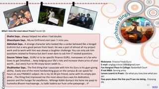 Nickname: Finance freak/Guru
E-mail: singhgurchran1988@gmail.com
Fav Hangout Place In College: Basketball Court
If not MBA: Serving army
Lesson Learnt in Praxis : Do what you love,love what you
do!
Few years down the line you’ll see me doing.. Enjoying
life
Shalini Says.. always helped me when I had doubts
Ghanshyam Says.. My ex Girlfriend.meri jaan ! I miss you.
Abhishek Says.. A strange character who looked like a sardar behaved like a bengali
brahmin but a very good person from heart. He was a part of almost all my project
work and to work with him was always a laughter challenge. You can only ask him
questions related to finance but don't even dare to ask him IT related questions.
Gaurav Talwar Says.. GURU or to be specific finance GURU, manaswee sir's fav who
loves to get Deloitted.... keep ledging your life's risks and increase share price of your
worth....but veerji hun te life enjoy karan seekh lo....
Shubhankar Says.. The first thing that I associate with him his Guru is his gyan giving
ability.. Easily one of the more hardworking guys on the campus & can speak for
hours on any FINANCE subject..He is my 10.30 pm friend; came with his empty pen
drive …The thing that impressed me the most about Guru was his dedication,
passion and the hunger for excellence.. Milenge Kabhi duniya k kisi kone me paaji to
humesha dhoom machayenge…tu ladki taakna aur hum unhe patayenge..:-P
Comments..
What I miss the most about Praxis? Hostel life
INDEX
33
 