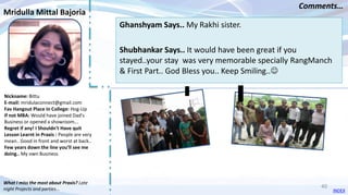 Nickname: Bittu
E-mail: mridulaconnect@gmail.com
Fav Hangout Place In College: Hog-Up
If not MBA: Would have joined Dad's
Business or opened a showroom...
Regret if any! I Shouldn't Have quit
Lesson Learnt in Praxis : People are very
mean.. Good in front and worst at back..
Few years down the line you’ll see me
doing.. My own Business
Ghanshyam Says.. My Rakhi sister.
Shubhankar Says.. It would have been great if you
stayed..your stay was very memorable specially RangManch
& First Part.. God Bless you.. Keep Smiling..
Mridulla Mittal Bajoria
Comments…
What I miss the most about Praxis? Late
night Projects and parties... INDEX
40
 