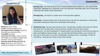 Nickname: Vinnie, chidia
E-mail: sonamkeshri@gmail.com
Fav Hangout Place In College: hostel first
floor staircase, acad block stairs
If not MBA: only mba
Lesson Learnt in Praxis : how to connect
with people, praxis tagline celebrate your
networth..it has its own meaning
Few years down the line you’ll see me
doing.. dont know...life is surprise
anything can happen & i love surprise..:)
Devdeep Says.. WE HAD SO MUCH FUN. PLAYING BOARD/CARD GAMES TILL LATE AND EATING
TOGETHER, HANGING OUT TOGETHER. ALSO THE FAVOURITE PASSTIME WAS JUST SITTING AND
CHATTING FOR HOURS. MISS THOSE DAYS.
Hemangi Says.. we had fun n studies were not boring when together
Ankita Says.. innocent always short of word but mean a lot with her expressions. Understands
everybody's feeling and make them comfortable while talking.
Shubhankar Says.. Kya kaha jaye inke bare mein...The girl with a Golden heart and one of those
few ladies from my batch who I sincerly admired..Fantastic friend to have, honest,
caring,sincere...itni saari khoobiyaan!!! I teased youthe most during the 2 years but you took my
jokes sportingly(not always though :-p)...Just stay blessed & keep smiling...your sincerity will
take you to all the path s of success in life(Shaadi k mandap me bhi...just joking)...Thanks for
everything...~keep dancing ~keep smiling ~keep rocking..
Sonam Kesari
Comments…
What I miss the most about Praxis? Freedom
INDEX
52
 