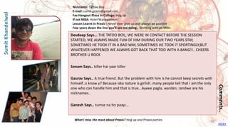 Devdeep Says... THE TATOO BOY,, WE WERE IN CONTACT BEFORE THE SESSION
STARTED, WE ALWAYS MADE FUN OF HIM DURING OUR TWO YEARS STAY,
SOMETIMES HE TOOK IT IN A BAD WAY, SOMETIMES HE TOOK IT SPORTINGLY,BUT
WHATEVER HAPPENED WE ALWAYS GOT BACK THAT TOO WITH A BANG!!.. CHEERS
BROTHER U ROCK
Sonam Says.. killer hai yaar killer
Gaurav Says.. A true friend. But the problem with him is he cannot keep secrets with
himself..u know y? Because iska nature is girlish..many people tell that I am the only
one who can handle him and that is true...Ayeee pagla, warden, randwe are his
nicknames..
Ganesh Says.. tumse na ho paayi...
Comments..
Nickname: Tattoo Boy
E-mail: sumit.praxis@gmail.com
Fav Hangout Place In College: Hog up
If not MBA: Hotel Management
Lesson Learnt in Praxis : Never ever give up and always be positive
Few years down the line you’ll see me doing.. Working with an MNC.
What I miss the most about Praxis? Hog up and Praxis parties
SumitKhandelwal
INDEX
58
 