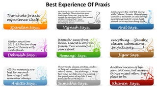 Best Experience Of Praxis
The whole praxis
experience itself...
Marketing Quizzes which seemed more
like Tweeting; Parties that felt more
lively than I ever was ; Hog Up that
seemed the sanctuary that I had missed
all life ; Winters that I never
experienced before; And Dosas
becoming a luxury
Vignesh Says..Spandan Says..
Smoking on the roof top along
with Talwar, Romie, Ghanshyam,
Ganesh & Puneeth in cold breeze
and Going back to room, half
stoned in Army Marching Style
Anil Says..
Winter vacation
2012-13 the ten days
spent at Praxis with
Asish Ghosh
Debasish Says..
Home far away from
home. Learnt a lot from
praxis. Two wonderful
years spent.
Hemangi Says..
everything ...(faculty,
classes, submissions
,projects,quiz,........)
Jigar Says..
All the moments are
best for me and
learnings I will
remember always.
Ankita Says.. Sumedha Says..
The projects, classes, parties, adda
at hog-up, canteen, corridor,
other's room.... lot of things...! Those
two years are till now one among
few good years of my life. I am
proud to be a PRAXITE!
Another version of life
seen. Not one, but many a
things missed often. Best
place to be.
Khanin Says..
 