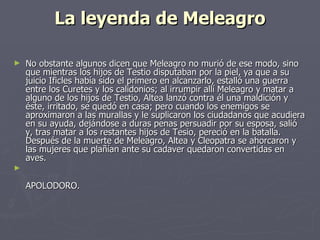 La leyenda de Meleagro No obstante algunos dicen que Meleagro no murió de ese modo, sino que mientras los hijos de Testio disputaban por la piel, ya que a su juicio Ificles había sido el primero en alcanzarlo, estalló una guerra entre los Curetes y los calidonios; al irrumpir allí Meleagro y matar a alguno de los hijos de Testio, Altea lanzó contra él una maldición y éste, irritado, se quedó en casa; pero cuando los enemigos se aproximaron a las murallas y le suplicaron los ciudadanos que acudiera en su ayuda, dejándose a duras penas persuadir por su esposa, salió y, tras matar a los restantes hijos de Tesio, pereció en la batalla. Después de la muerte de Meleagro, Altea y Cleopatra se ahorcaron y las mujeres que plañían ante su cadaver quedaron convertidas en aves. APOLODORO.  
