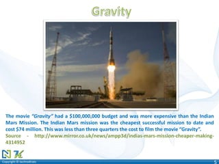 Copyright © technoKratsCopyright © technoKrats 5
The movie “Gravity” had a $100,000,000 budget and was more expensive than the Indian
Mars Mission. The Indian Mars mission was the cheapest successful mission to date and
cost $74 million. This was less than three quarters the cost to film the movie “Gravity”.
Source - http://www.mirror.co.uk/news/ampp3d/indias-mars-mission-cheaper-making-
4314952
 
