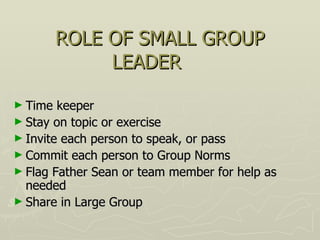 ROLE OF SMALL GROUP LEADER Time keeper Stay on topic or exercise Invite each person to speak, or pass Commit each person to Group Norms Flag Father Sean or team member for help as needed Share in Large Group  