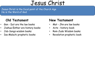 Jesus Christ
Old Testament
• Gen - Dut are the law books
• Joshua-Esther are history books
• Job-Songs wisdom books
• Isa-Malachi prophetic books
New Testament
• Mat - Jhn are law books
• Acts - history book
• Rom-Jude Wisdom books
• Revelation prophetic book
Jesus Christ is the focal point of the Church Age
He is the Word of God
 