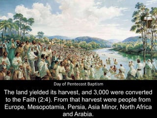 The land yielded its harvest, and 3,000 were converted
to the Faith (2:4). From that harvest were people from
Europe, Mesopotamia, Persia, Asia Minor, North Africa
and Arabia.
 