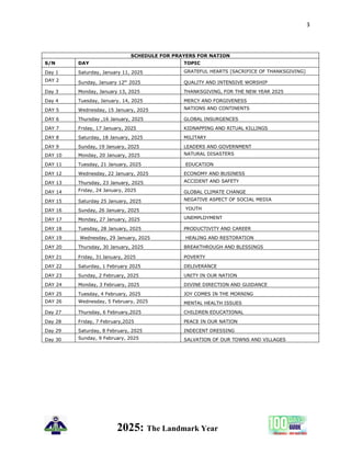 3
2025: The Landmark Year
SCHEDULE FOR PRAYERS FOR NATION
S/N DAY TOPIC
Day 1 Saturday, January 11, 2025 GRATEFUL HEARTS [SACRIFICE OF THANKSGIVING]
DAY 2 Sunday, January 12th
2025 QUALITY AND INTENSIVE WORSHIP
Day 3 Monday, January 13, 2025 THANKSGIVING, FOR THE NEW YEAR 2025
Day 4 Tuesday, January. 14, 2025 MERCY AND FORGIVENESS
DAY 5 Wednesday, 15 January, 2025 NATIONS AND CONTINENTS
DAY 6 Thursday ,16 January, 2025 GLOBAL INSURGENCES
DAY 7 Friday, 17 January, 2025 KIDNAPPING AND RITUAL KILLINGS
DAY 8 Saturday, 18 January, 2025 MILITARY
DAY 9 Sunday, 19 January, 2025 LEADERS AND GOVERNMENT
DAY 10 Monday, 20 January, 2025 NATURAL DISASTERS
DAY 11 Tuesday, 21 January, 2025 EDUCATION
DAY 12 Wednesday, 22 January, 2025 ECONOMY AND BUSINESS
DAY 13 Thursday, 23 January, 2025 ACCIDENT AND SAFETY
DAY 14 Friday, 24 January, 2025 GLOBAL CLIMATE CHANGE
DAY 15 Saturday 25 January, 2025 NEGATIVE ASPECT OF SOCIAL MEDIA
DAY 16 Sunday, 26 January, 2025 YOUTH
DAY 17 Monday, 27 January, 2025 UNEMPLOYMENT
DAY 18 Tuesday, 28 January, 2025 PRODUCTIVITY AND CAREER
DAY 19 Wednesday, 29 January, 2025 HEALING AND RESTORATION
DAY 20 Thursday, 30 January, 2025 BREAKTHROUGH AND BLESSINGS
DAY 21 Friday, 31 January, 2025 POVERTY
DAY 22 Saturday, 1 February 2025 DELIVERANCE
DAY 23 Sunday, 2 February, 2025 UNITY IN OUR NATION
DAY 24 Monday, 3 February, 2025 DIVINE DIRECTION AND GUIDANCE
DAY 25 Tuesday, 4 February, 2025 JOY COMES IN THE MORNING
DAY 26 Wednesday, 5 February, 2025 MENTAL HEALTH ISSUES
Day 27 Thursday, 6 February,2025 CHILDREN EDUCATIONAL
Day 28 Friday, 7 February,2025 PEACE IN OUR NATION
Day 29 Saturday, 8 February, 2025 INDECENT DRESSING
Day 30 Sunday, 9 February, 2025 SALVATION OF OUR TOWNS AND VILLAGES
 