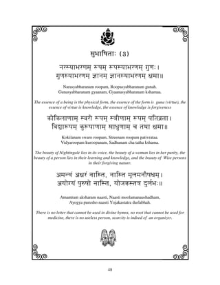 48
llllkkkk
iiii jjjjj
sjuBjhiQjtjh: (3)sjuBjhiQjtjh: (3)sjuBjhiQjtjh: (3)sjuBjhiQjtjh: (3)
njrsyjhBjrqjmj] +pjmj] +pjsyjhBjrqjmj] gjuqj:.
gjuqjsyjhBjrqjmj] @jhnjmj] @jhnjsyjhBjrqjmj] ~jmjh
Narasyabharanam roopam, Roopasyabharanam gunah.
Gunasyabharanam gyaanam, Gyaanasyabharanam kshamaa.
The essence of a being is the physical form, the essence of the form is guna (virtue), the
essence of virtue is knowledge, the essence of knowledge is forgiveness
koikljhqjhmj] svjro +pjmj] s<jIqjhmj] +pjmj] pjitjvj`tjh.
ivj–h+pjmj] ku+pjhqjhmj] sjhDjuqjhmj] cj tjTjh ~jmjh
Kokilanam swaro roopam, Streenam roopam pativrataa.
Vidyaroopam kuroopanam, Sadhunam cha tatha kshama.
The beauty of Nightingale lies in its voice, the beauty of a woman lies in her purity, the
beauty of a person lies in their learning and knowledge, and the beauty of Wise persons
in their forgiving nature.
amjn<jN a~jrN njhistj, njhistj mjUljmjnjOQjDjmj].
ayjogyjN pju=Qjo njhistj, yjoJjkstj<j dulj[Bj:
Amantram aksharam naasti, Naasti moolamanaushadham,
Ayogya purusho naasti Yojakastatra durlabhah.
There is no letter that cannot be used in divine hymns, no root that cannot be used for
medicine, there is no useless person, scarcity is indeed of an organizer.
S
 