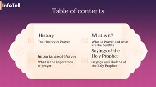 Table of contents
History
The History of Prayer
01
What is it?
What is Prayer and what
are the benifits
02
Importance of Prayer
What is the Imporatnce
of prayer
03
Sayings of the
Holy Prophet
Sayings and Hadiths of
the Holy Prophet
04
InfoTell
 