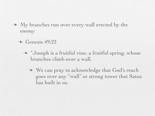 n    My branches run over every wall erected by the
      enemy
     n    Genesis 49:22
          n    “Joseph is a fruitful vine, a fruitful spring, whose
                branches climb over a wall.
               n   We can pray to acknowledge that God’s reach
                    goes over any “wall” or strong tower that Satan
                    has built in us.
 