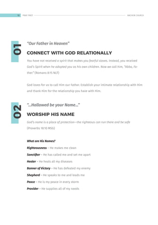 01
02
You have not received a spirit that makes you fearful slaves. Instead, you received
God’s Spirit when he adopted you as his own children. Now we call him, “Abba, Fa-
ther.” (Romans 8:15 NLT)
God loves for us to call Him our Father. Establish your intimate relationship with Him
and thank Him for the relationship you have with Him.
God’s name is a place of protection—the righteous can run there and be safe
(Proverbs 18:10 MSG)
What are His Names?
Righteousness – He makes me clean
Sanctifier – He has called me and set me apart
Healer – He heals all my diseases
Banner of Victory – He has defeated my enemy
Shepherd – He speaks to me and leads me
Peace – He is my peace in every storm
Provider – He supplies all of my needs
CONNECT WITH GOD RELATIONALLY
WORSHIP HIS NAME
“Our Father in Heaven”
“...Hallowed be your Name...”
10 ANCHOR CHURCH
PRAY FIRST
 