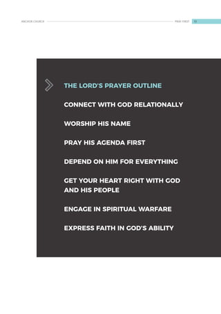 THE LORD’S PRAYER OUTLINE
CONNECT WITH GOD RELATIONALLY
WORSHIP HIS NAME
PRAY HIS AGENDA FIRST
DEPEND ON HIM FOR EVERYTHING
GET YOUR HEART RIGHT WITH GOD
AND HIS PEOPLE
ENGAGE IN SPIRITUAL WARFARE
EXPRESS FAITH IN GOD’S ABILITY
13
ANCHOR CHURCH PRAY FIRST
 