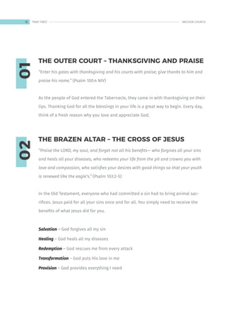 01
02
“Enter his gates with thanksgiving and his courts with praise; give thanks to him and
praise his name.” (Psalm 100:4 NIV)
As the people of God entered the Tabernacle, they came in with thanksgiving on their
lips. Thanking God for all the blessings in your life is a great way to begin. Every day,
think of a fresh reason why you love and appreciate God.
“Praise the LORD, my soul, and forget not all his benefits— who forgives all your sins
and heals all your diseases, who redeems your life from the pit and crowns you with
love and compassion, who satisfies your desires with good things so that your youth
is renewed like the eagle’s.” (Psalm 103:2-5)
In the Old Testament, everyone who had committed a sin had to bring animal sac-
rifices. Jesus paid for all your sins once and for all. You simply need to receive the
benefits of what Jesus did for you.
Salvation – God forgives all my sin
Healing – God heals all my diseases
Redemption – God rescues me from every attack
Transformation – God puts His love in me
Provision – God provides everything I need
THE OUTER COURT – THANKSGIVING AND PRAISE
THE BRAZEN ALTAR – THE CROSS OF JESUS
16 ANCHOR CHURCH
PRAY FIRST
 