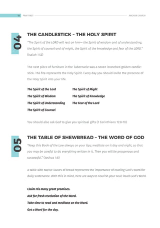 04
05
“The Spirit of the LORD will rest on him— the Spirit of wisdom and of understanding,
the Spirit of counsel and of might, the Spirit of the knowledge and fear of the LORD.”
(Isaiah 11:2)
The next piece of furniture in the Tabernacle was a seven-branched golden candle-
stick. The fire represents the Holy Spirit. Every day you should invite the presence of
the Holy Spirit into your life.
You should also ask God to give you spiritual gifts (1 Corinthians 12:8-10)
“Keep this Book of the Law always on your lips; meditate on it day and night, so that
you may be careful to do everything written in it. Then you will be prosperous and
successful.” (Joshua 1:8)
A table with twelve loaves of bread represents the importance of reading God’s Word for
daily sustenance. With this in mind, here are ways to nourish your soul: Read God’s Word.
Claim His many great promises.
Ask for fresh revelation of the Word.
Take time to read and meditate on the Word.
Get a Word for the day.
THE CANDLESTICK – THE HOLY SPIRIT
THE TABLE OF SHEWBREAD – THE WORD OF GOD
The Spirit of the Lord
The Spirit of Wisdom
The Spirit of Understanding
The Spirit of Counsel
The Spirit of Might
The Spirit of Knowledge
The Fear of the Lord
18 ANCHOR CHURCH
PRAY FIRST
 