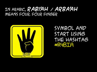 In Arabic, Rabi'ah / arba'ah
means four. Four finger
symbol and
start using
the hashtag
#R4BIA
 