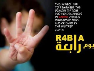 This symbol use
to remember the
demonstrators
Pro headquarters
in Rabi'ah Doctor
muhammad Mursi
was crushed by
the military
junta.
 