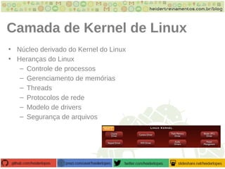 Camada de Kernel de Linux
• Núcleo derivado do Kernel do Linux
• Heranças do Linux
– Controle de processos
– Gerenciamento de memórias
– Threads
– Protocolos de rede
– Modelo de drivers
– Segurança de arquivos
 