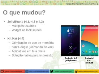O que mudou?
• JellyBeans (4.1, 4.2 e 4.3)
– Múltiplos usuários
– Widget na lock screen
• Kit Kat (4.4)
– Otimização de uso de memória
– “OK”Google (Comando de voz)
– Aplicativos em tela cheia
– Solução nativa para impressão
Android
4.4
Kit Kat
Android 4.1
JellyBeans
 