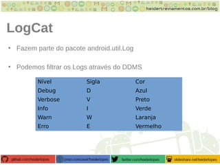 LogCat
• Fazem parte do pacote android.util.Log
• Podemos filtrar os Logs através do DDMS
Nível Sigla Cor
Debug D Azul
Verbose V Preto
Info I Verde
Warn W Laranja
Erro E Vermelho
 