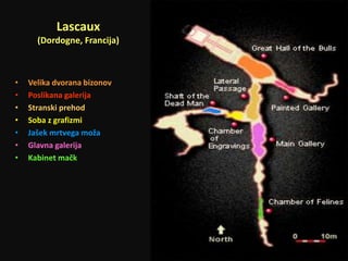 Lascaux 
(Dordogne, Francija) 
• Velika dvorana bizonov 
• Poslikana galerija 
• Stranski prehod 
• Soba z grafizmi 
• Jašek mrtvega moža 
• Glavna galerija 
• Kabinet mačk 
 