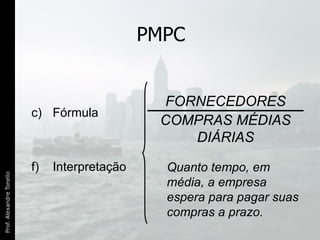 PMPC Fórmula Interpretação Quanto tempo, em média, a empresa espera para pagar suas compras a prazo. FORNECEDORES COMPRAS MÉDIAS DIÁRIAS 