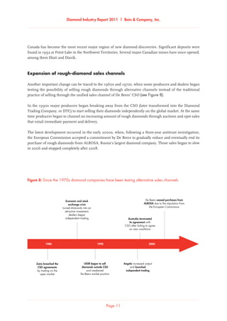 Diamond Industry Report 2011 | Bain  Company, Inc.
Page 11
Since the 1970s diamond companies have been testing alternative sales channels
Economic and stock
exchange crisis
turned diamonds into an
attractive investment;
dealers began
independent trading Australia terminated
its agreement with
CSO after failing to agree
on new conditions
De Beers ceased purchases from
ALROSA due to the stipulation from
the European Commission
Angola increased output
and launched
independent trading
1980 1990 2000
Zaire breached the
CSO agreements
by trading on the
open market
USSR began to sell
diamonds outside CSO
and weakened
De Beers market position
Figure 8: Since the 1970s diamond companies have been testing alternative sales channels
Canada has become the most recent major region of new diamond discoveries. Significant deposits were
found in 1992 at Point Lake in the Northwest Territories. Several major Canadian mines have since opened,
among them Ekati and Diavik.
Expansion of rough-diamond sales channels
Another important change can be traced to the 1960s and 1970s, when some producers and dealers began
testing the possibility of selling rough diamonds through alternative channels instead of the traditional
practice of selling through the unified sales channel of De Beers’ CSO (see Figure 8).
In the 1990s major producers began breaking away from the CSO (later transformed into the Diamond
Trading Company, or DTC) to start selling their diamonds independently on the global market. At the same
time producers began to channel an increasing amount of rough diamonds through auctions and spot sales
that entail immediate payment and delivery.
The latest development occurred in the early 2000s, when, following a three-year antitrust investigation,
the European Commission accepted a commitment by De Beers to gradually reduce and eventually end its
purchase of rough diamonds from ALROSA, Russia’s largest diamond company. Those sales began to slow
in 2006 and stopped completely after 2008.
 