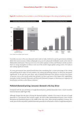 Diamond Industry Report 2011 | Bain  Company, Inc.
Page 45
Availability of low-cost labor is one of the key advantages in the cutting and polishing industry
Source: Dogrib Diamond Report; expert interviews
Estimated cutting and polishing company cost structure Estimated cost of cutting and polishing, $ per carat
Price of a
polished diamond
Other costs
Other costs
Materials
12%100%
100%
80
60
40
20
0
Other
Amortization
and interest
Salary
China South
Africa
Belgium/
Israel/
Russia
India
~10
~60-80
United
States
~100+
~15-20
~40-60
Margin
Figure 41: Availability of low-cost labor is one of the key advantages in the cutting and polishing industry
Currently 700,000 to 800,000 diamond cutters work in India, bolstered in part by government subsidies.
Before the recent recession, Indian craftspeople cut 14 out of 15 diamonds worldwide, mostly in the states of
Maharashtra and Gujarat. About 30,000 to 50,000 cutters operate in China and Thailand, and the numbers
there are rising. Guangzhou in China is now one of the world’s largest global cutting centers. Sri Lanka is
also making significant inroads.
As some governments have passed beneficiation laws mandating that a certain percentage of the cutting
and polishing jobs be taken by local residents, the cutting and polishing industry in Africa has also grown
significantly. In the past two years alone, sales of polished diamonds from African countries have grown
28 percent, even as the overall market has declined. De Beers and some of the largest DTC sightholders
(examples include Suashish Diamonds and Pluczenik Diamond Company in Botswana) are supporters of
beneficiation activities on the African continent.
Polished-diamond pricing: consumer demand is the key driver
Compared with the ups and downs of rough-diamond prices, polished diamonds show a much smoother
historical dynamic (see Figure 42).
Although changes that take place all along the diamond pipeline—whether it be jumps in the price of rough
diamonds or a new discovery that increases supply—do tend to affect polished-diamond prices, some of those
fluctuations are absorbed by players in the middle of the value chain, where pricing competition is intense. As a
result, prices for the end product, polished diamonds, generally do not fluctuate as much as rough diamond prices.
 