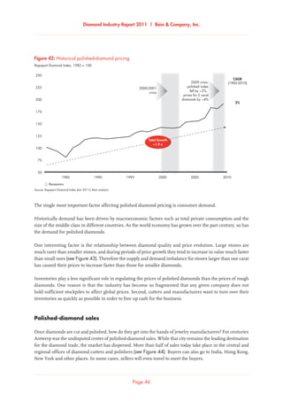 Diamond Industry Report 2011 | Bain  Company, Inc.
Page 46
2010200520001990 1995
Recessions
1985
CAGR
(1982-2010)
250
225
200
175
150
125
100
75
50
Rapaport Diamond Index, 1982 = 100
2%
2009 crisis:
polished index
fell by ~2%,
prices for 5 carat
diamonds by ~4%
2000-2001
crisis
Total Growth
~1.9 x
Source: Rapaport Diamond Index (Jan 2011); Bain analysis
Historical polished-diamond pricingFigure 42: Historical polished-diamond pricing
The single most important factor affecting polished diamond pricing is consumer demand.
Historically demand has been driven by macroeconomic factors such as total private consumption and the
size of the middle class in different countries. As the world economy has grown over the past century, so has
the demand for polished diamonds.
One interesting factor is the relationship between diamond quality and price evolution. Large stones are
much rarer than smaller stones, and during periods of price growth they tend to increase in value much faster
than small ones (see Figure 43). Therefore the supply and demand imbalance for stones larger than one carat
has caused their prices to increase faster than those for smaller diamonds.
Inventories play a less significant role in regulating the prices of polished diamonds than the prices of rough
diamonds. One reason is that the industry has become so fragmented that any given company does not
hold sufficient stockpiles to affect global prices. Second, cutters and manufacturers want to turn over their
inventories as quickly as possible in order to free up cash for the business.
Polished-diamond sales
Once diamonds are cut and polished, how do they get into the hands of jewelry manufacturers? For centuries
Antwerp was the undisputed center of polished-diamond sales. While that city remains the leading destination
for the diamond trade, the market has dispersed. More than half of sales today take place in the central and
regional offices of diamond cutters and polishers (see Figure 44). Buyers can also go to India, Hong Kong,
New York and other places. In some cases, sellers will even travel to meet the buyers.
 