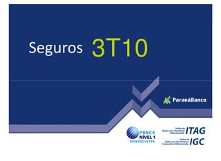 Qualidade da Carteira de Crédito
PDD 70.649 62.331 13,3% 51.469 37,3%
Carteira (> 90 dias) 74.725 67.023 11,5% 56.151 33,1%
Carteira (> 180 dias) 46.820 38.475 21,7% 30.420 53,9%
Carteira Total* (a) 1.398.582 1.347.703 3,8% 1.330.658 5,1%
Índice de cobertura da carteira (PDD / > 90 dias) 94,5% 93,0% 1,5 p.p. 91,7% 2,9 p.p.
Índice de cobertura da carteira (PDD / > 180 dias) 150,9% 162,0% (11,1 p.p.) 169,2% (18,3 p.p.)
PDD / Carteira Total 5,1% 4,6% 0,5 p.p. 3,9% 1,2 p.p.
Créditos Baixados a Prejuízo (b)
8.754 13.250 (33,9%) 7.856 11,4%
Nível de perda (b/a)
0,6% 1,0% (0,4 p.p.) 0,6% 0,0 p.p.
4T09 x
4T08
R$ 4T09 3T09
4T09 x
3T09
4T08
Seguros 3T10
16
* Inclui saldo da cessão com coobrigação.
Inadimplência SFN
PF (>90 dias) = 7,8%
PJ (>90 dias) = 3,8%
Inadimplência Paraná Banco
Consignado (>90 dias) = 5,9%
PME (>90 dias) = 0,8%
Nível de perda (b/a)
0,6% 1,0% (0,4 p.p.) 0,6% 0,0 p.p.
 