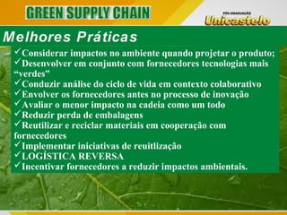 Considerar impactos no ambiente quando projetar o produto;
Desenvolver em conjunto com fornecedores tecnologias mais
“verdes”
Conduzir análise do ciclo de vida em contexto colaborativo
Envolver os fornecedores antes no processo de inovação
Avaliar o menor impacto na cadeia como um todo
Reduzir perda de embalagens
Reutilizar e reciclar materiais em cooperação com
fornecedores
Implementar iniciativas de reuitlização
LOGÍSTICA REVERSA
Incentivar fornecedores a reduzir impactos ambientais.
Melhores Práticas
 