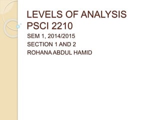 LEVELS OF ANALYSIS
PSCI 2210
SEM 1, 2014/2015
SECTION 1 AND 2
ROHANA ABDUL HAMID
 
