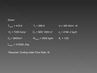 Given: T steam  = 418 K   T 1  = 288 K   U = 300 W/m 2  –K   H y  = 7200 hrs/yr    C w  = $25/ 1000 m 3   c p  = 4184 J/ kg-K  C A  = $400/m 2   W steam  = 2500 kg/hr  K f  = 1/20 L steam  = 315000 J/kg Required: Cooling water Flow Rate, W 