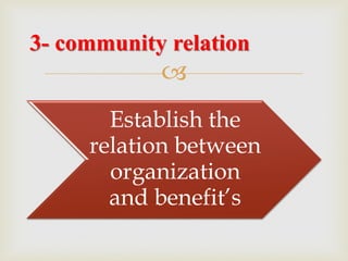 
Establish the
relation between
organization
and benefit’s
3- community relation
 