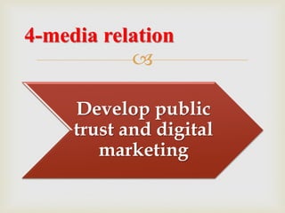 
Develop public
trust and digital
marketing
4-media relation
 