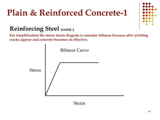14
Plain & Reinforced Concrete-1
Reinforcing Steel (contd..)
For simplification the stress strain diagram is consider bili...