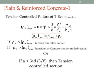 Plain & Reinforced Concrete-1
Tension Controlled Failure of T-Beam (contd…)
 
db
A
f
'f
8
3
β85.0ρ
w
sf
y
c
1maxw 
...